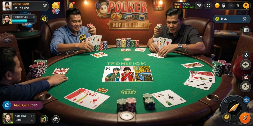 Tampilan permainan poker yang menarik dan kompetitif.