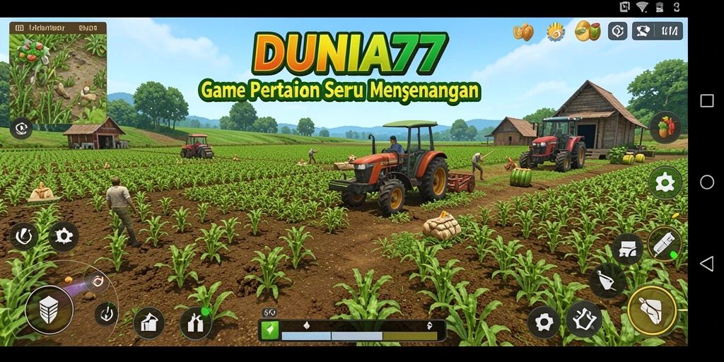Tangkapan layar gameplay DUNIA77 menampilkan ladang yang subur dan aktivitas peternakan.