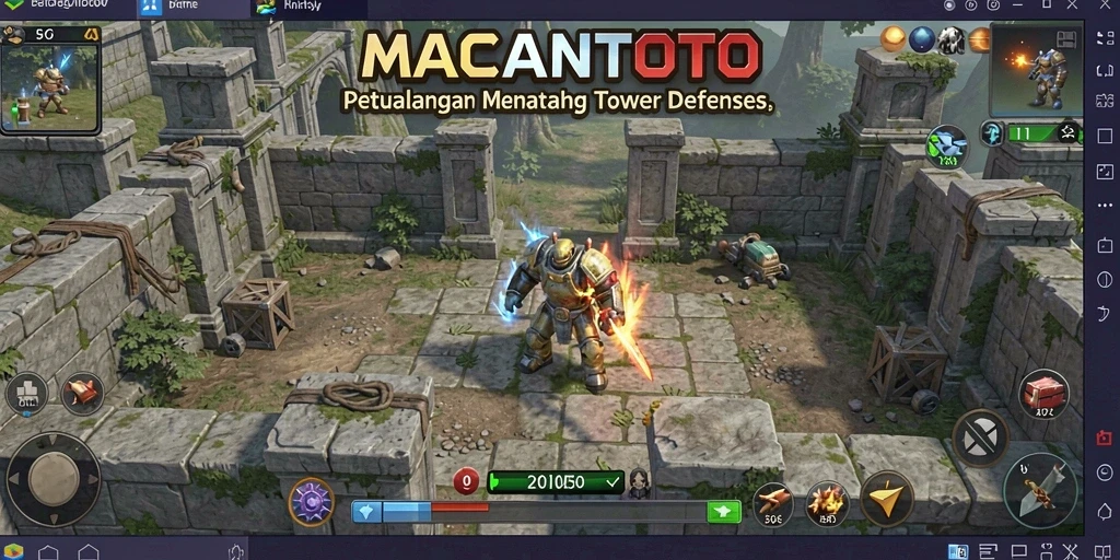 Screenshot gameplay MACANTOTO menampilkan aksi tower defense yang mendebarkan.