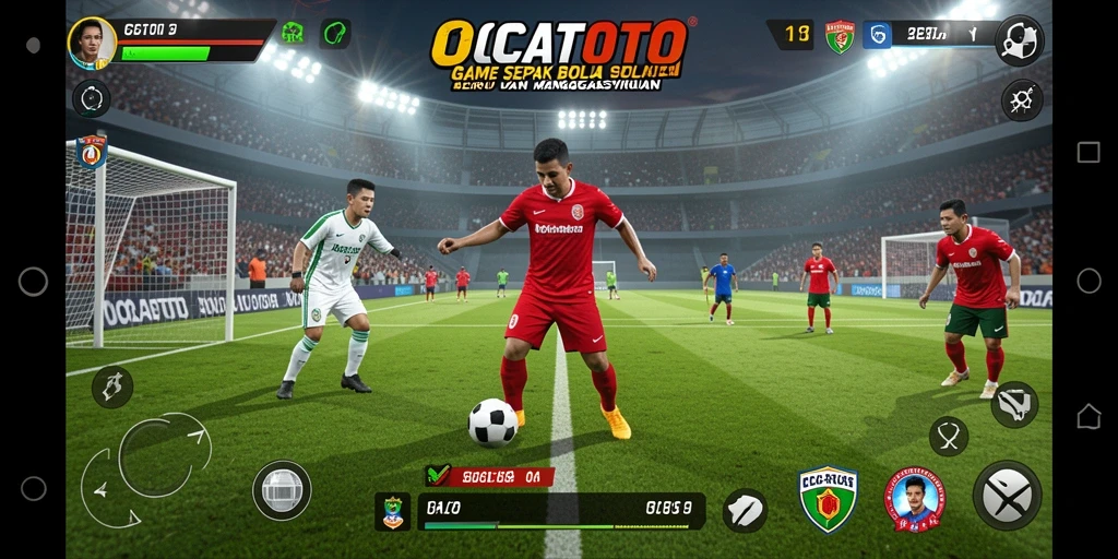 Screenshot utama OCATOTO menampilkan aksi permainan sepak bola yang mendebarkan.