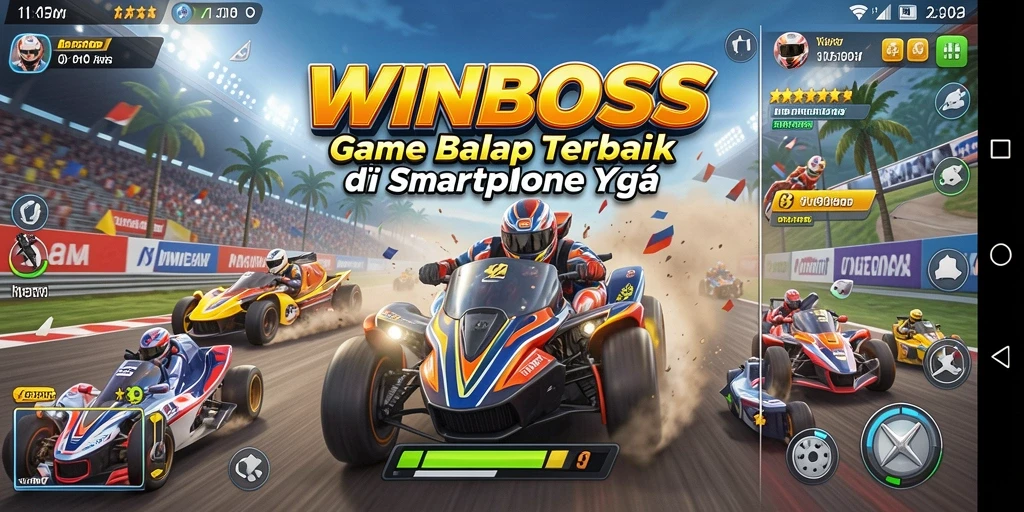 Tampilan seru gameplay balap di WINBOSS dengan berbagai mobil.