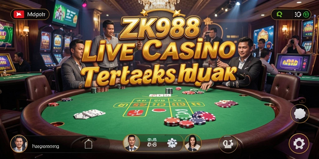 Tampilan gameplay ZK988 menampilkan dealer dan suasana kasino yang hidup.